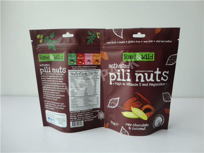 70g Raw Chocolate / Coconut Activated Pili Nuts Stand Up Pouch With Zipper