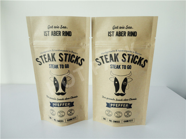 Moisture Proof Kraft Stand Up Pouches For Snack Food Packaging White Printed