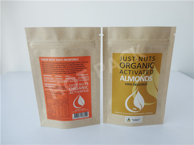 Side Gusset Kraft Stand Up Pouches , Dried Nuts Stand Up Zipper Pouch Bags
