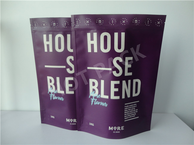 Aluminum Foil Brown Kraft Paper Resealable Coffee Bags With Valve Purple Color