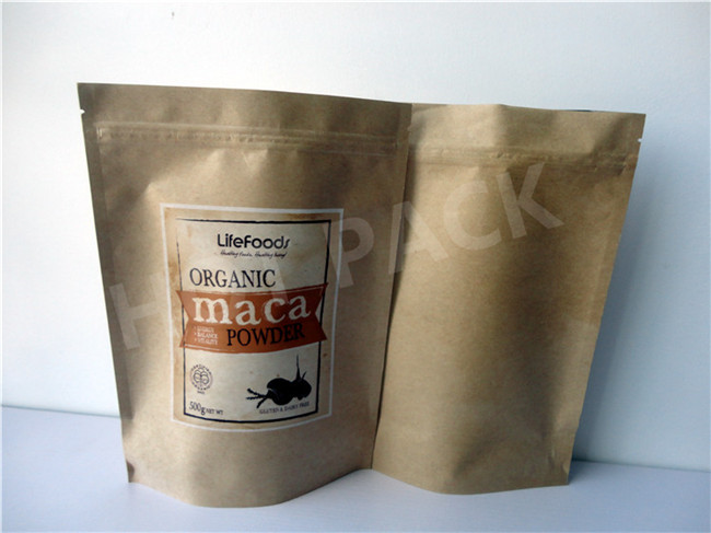3 Side Heat Sealed Natural Kraft Paper Stand Up Zip Pouches For Foods Long Life