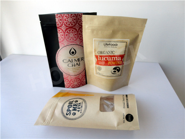 Customized Doypack Brown Kraft Paper Stand Up Pouch With Square Window