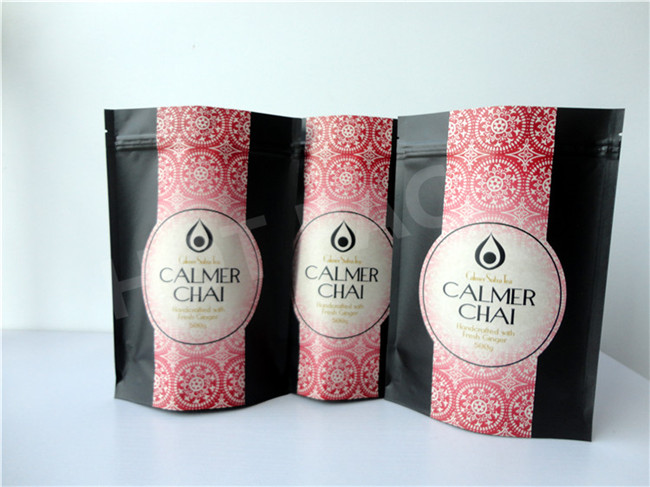 Black Color Stand Up Kraft Paper Bag With Zipper For Calmer Chai Packaing