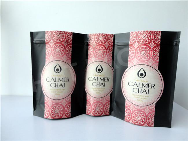 Black Color Stand Up Kraft Paper Bag With Zipper For Calmer Chai Packaing