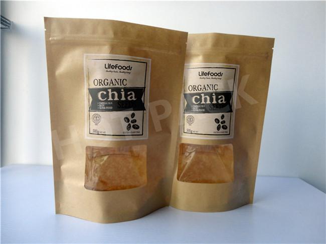 Resealable Zipper Kraft Paper Stand Up Pouch With Transparent Window