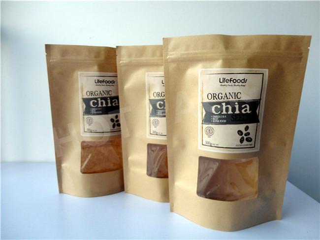 Resealable Zipper Kraft Paper Stand Up Pouch With Transparent Window
