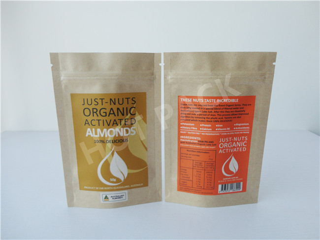 Small Stand Up Bags And Pouches , Brown Kraft Paper Almonds Packaging Bags